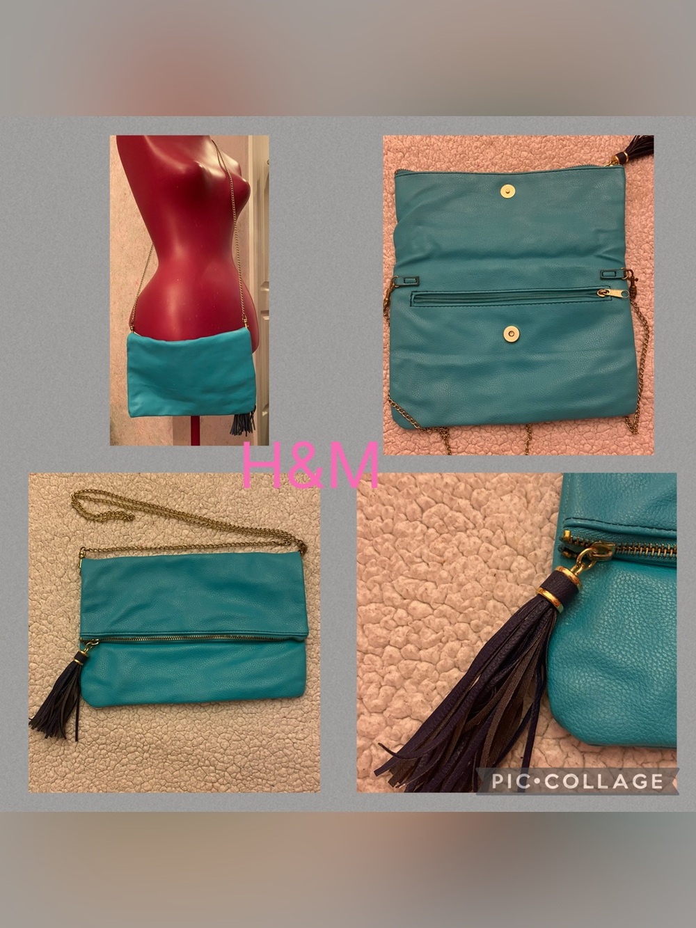 H&M teal blue clutch bag with chain and navy blue tassel